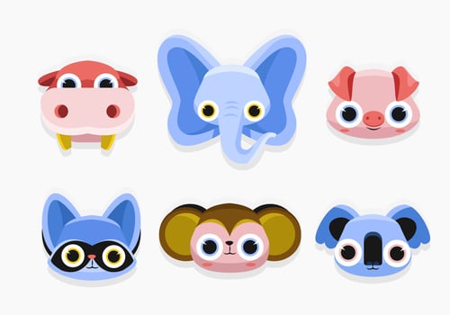 Cute Animal Faces Set vector Flat Illustration
