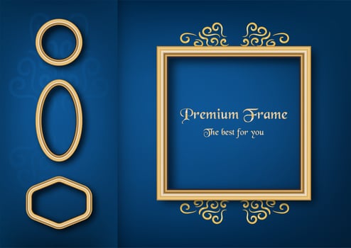 Golden classic frame on blue gradient background. vector