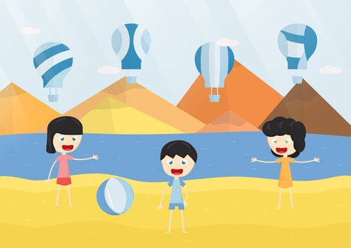 Kids smile and play the blue balloon on the beach. Vector illustration design with sea, sky, cloud, and mountain.