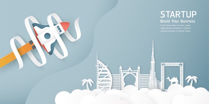 Vector illustration with start up concept in paper cut, craft and origami style. Rocket is flying on blue sky. Template design for web banner, poster, cover, advertisement. 3D art craft for kids.