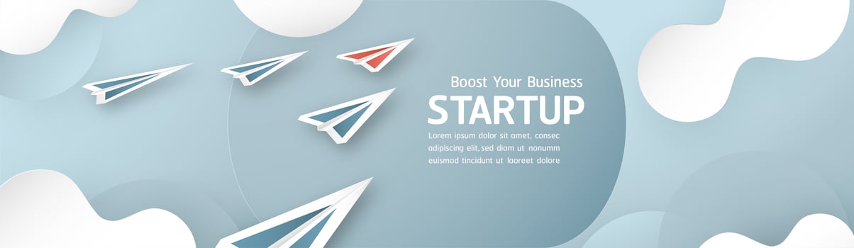 Vector illustration with start up concept in paper cut, craft and origami style. Rocket is flying on blue sky. Template design for web banner, poster, cover, advertisement. 3D art craft for kids.