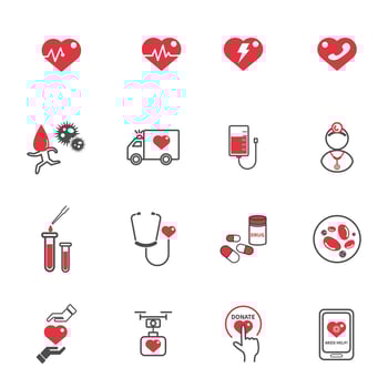 Heart medical care icons. Healthcare and Technology concept. Emergency and Blood donation concept. Illustration vector collection set. Sign and Symbol theme.