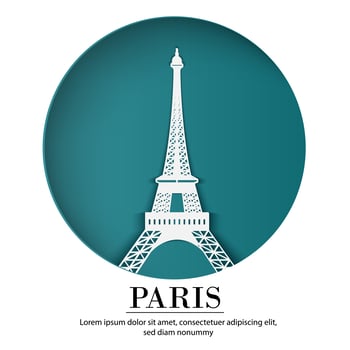 PARIS city of France in digital craft paper art. Night scene. Travel and destination landmark concept. Papercraft banner style vector