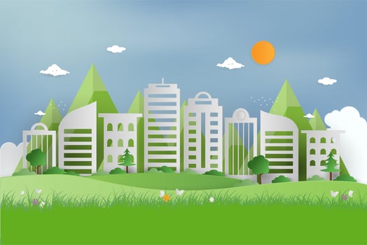Nature view of green grass in garden at summer and public park on urban city. origami concept and ecology idea. cityscape  using as background and wallpaper. vector