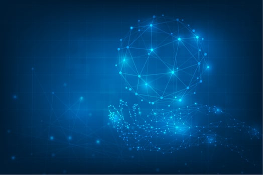 Abstract technology background. Geometric Hands holding globe. Global network connections with points and lines.  technology digital world of business information. futuristic blue virtual graphic interface.  vector