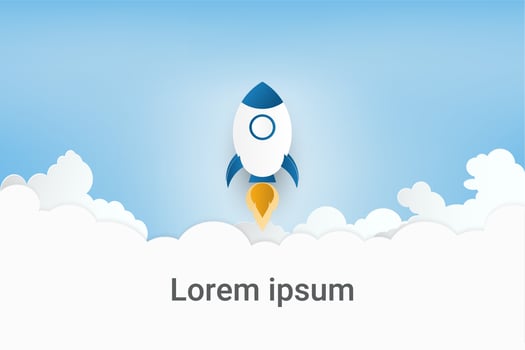 Paper art style. Rocket launch on clouds and blue sky.  vector