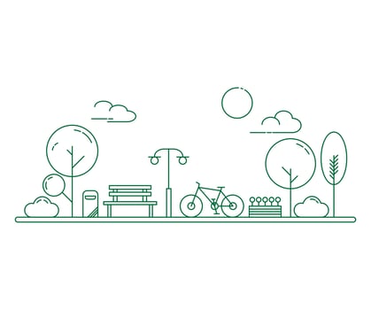 City park and wooden bench. Thin line art style illustration. Green urban public park. vector