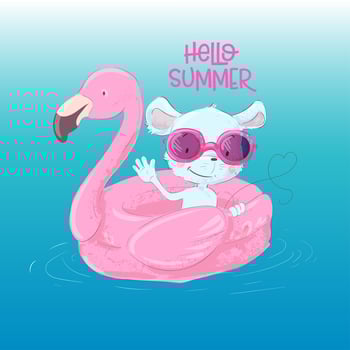 Illustration of a greeting card or a princess for a children s room - a cute maus on an inflatable circle in the form of a flamingos, vector illustration in cartoon style