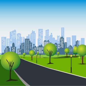 Green Park in urban City.  business city center with skyscrapers and large buildings. vector