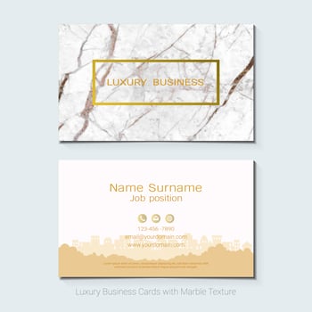 Luxury business cards vector template, Banner and cover with marble texture and golden foil details on white background.