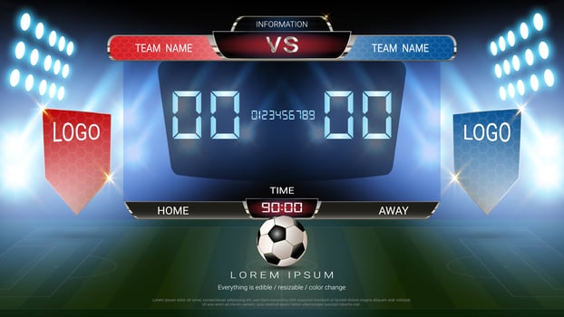 Digital timing scoreboard, Football match team A vs team B, Strategy broadcast graphic template. vector