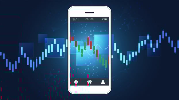 Mobile stock trading concept with candlestick and financial graph charts on screen. vector