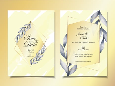 Luxury Wedding Invitation Cards Template of Minimalist Watercolor Leaves with Golden Frame and Beautiful Abstract Background vector