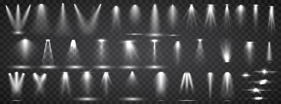 Scene illumination collection. Big set Bright lighting with spotlights. Spot lighting of the stage. vector