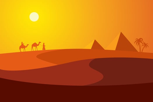 Sunset in the desert with pyramids and two palm trees. vector