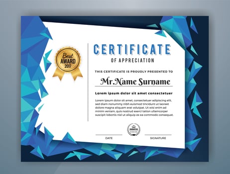 Multipurpose Professional Certificate Template Design. Abstract Blue Polygon Vector illustration