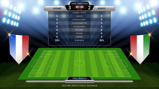 Scoreboard and soccer field illuminated by spotlights, global stats broadcast graphic football template with the flag. vector