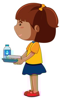 Little girl holding tray with food and drink vector
