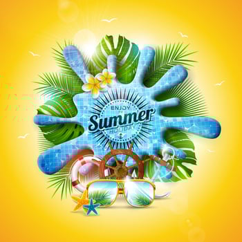 Vector Summer Holiday Illustration with Pool Water Splash and Tropical Leaves on Yellow Background. Exotic Plants, Flower, Sunglasses and Ship Steering Wheel