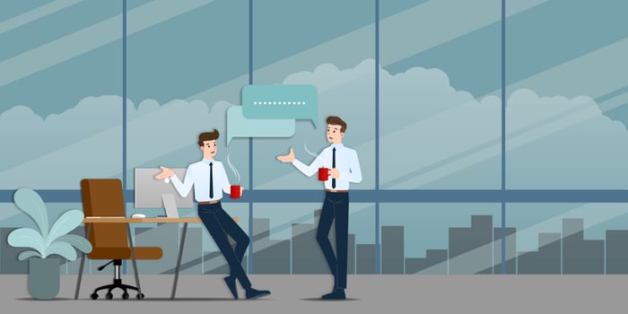 Two businessmen discussing each other. The employee talking with team about business ideas or about commercial organization during coffee time. vector