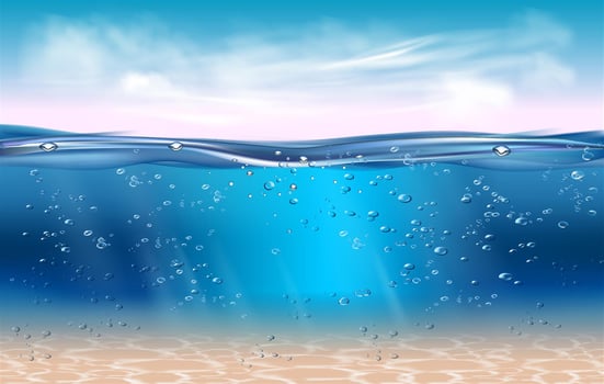 Realistic underwater background. Ocean deep water, sea under water level, sun rays blue wave horizon. Water surface 3D vector concept