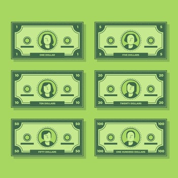 Cartoon Banknote Dollar Cash Flat Icon Set Illustration vector