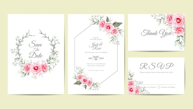 Elegant Watercolor Floral Wedding Invitation Cards Template. Hand Drawing Flower and Branches Save the Date, Greeting, Thank You, and RSVP Cards Multipurpose vector