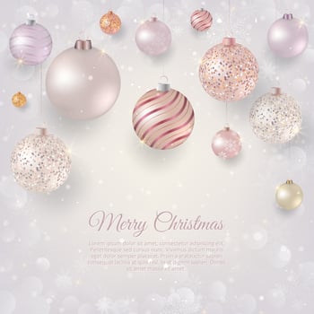 Christmas background with light Christmas baubles. Elegant Christmas background with rose and white evening balls vector