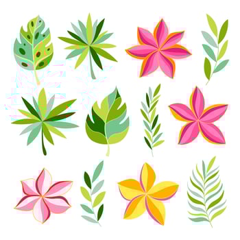 Tropical collection with exotic flowers and leaves. vector
