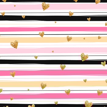 Gold glittering heart confetti seamless pattern on striped background vector