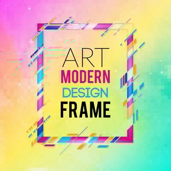 Vector frame for text Modern Art graphics. Dynamic frame with stylish  colorful abstract geometric shapes around it on a gradient background. Trendy neon color lines in a modern design style.
