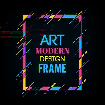 Vector frame for text Modern Art graphics. Dynamic frame with stylish  colorful abstract geometric shapes around it on a black background. Trendy neon color lines in a modern material design style.