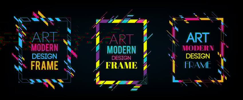 Vector frame for text Modern Art graphics. Dynamic frame with stylish  colorful abstract geometric shapes around it on a black background. Trendy neon color lines in a modern material design style.