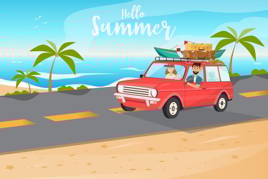 Happy family. Father, mother and children going to travel by car in summer time  vector