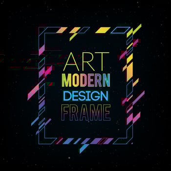 Vector frame for text Modern Art graphics. Dynamic frame with stylish  colorful abstract geometric shapes around it on a black background. Trendy neon color lines in a modern material design style.