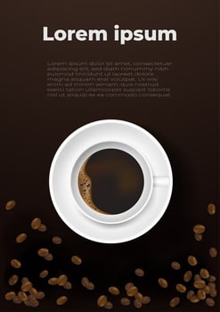 Realistic cup of coffee and coffee beans. Design poster advertisement flayers vector Illustration . Top View.