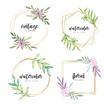 Watercolor floral frame with gold border vector