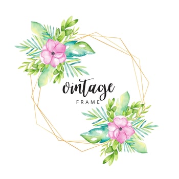 Watercolor floral frame with gold border vector