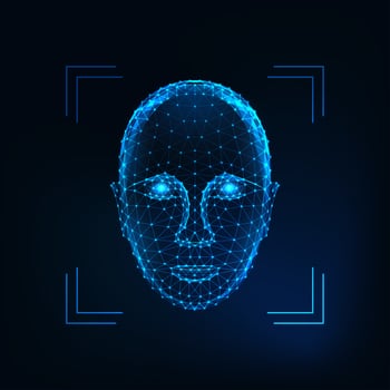 Biometric person identification, facial recognition concept. Futuristic low polygonal human face vector