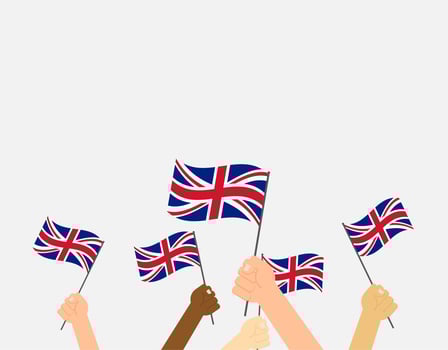 Vector illustration hands holding United Kingdom flags on gray background 