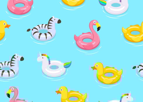 Seamless pattern of colorful animals floats cute kids toys on blue background  - Vector illustration.