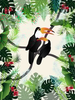 Summer tropical banner palm leaves birds vector image.