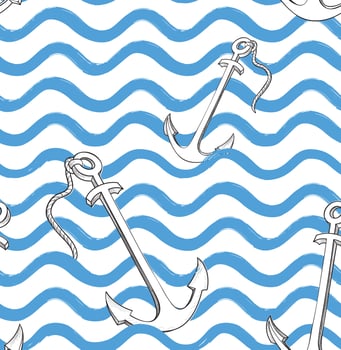 Ocean wave seamless pattern with anchor. Stylish marine water ba vector