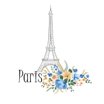Paris background. Floral Paris sign with flowers, Eiffel tower.  vector
