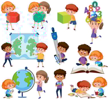 Set of student with learning tools vector