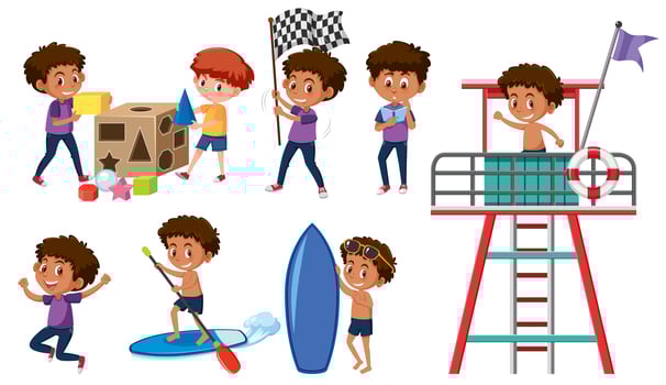 Set of boys doing activitys vector