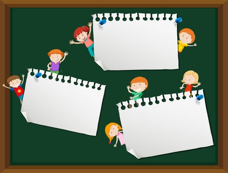 Children with blank note template vector