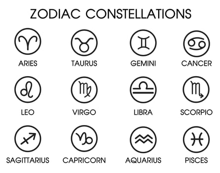 The 12 Zodiacal Constellations. vector