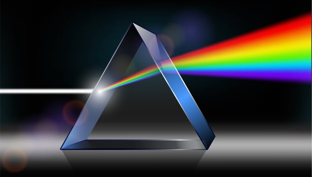 Optics physics. The white light shines through the prism. Produce rainbow colors in illustrator. vector