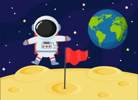 Cute cartoon space astronauts explore the earth's moon surface. vector